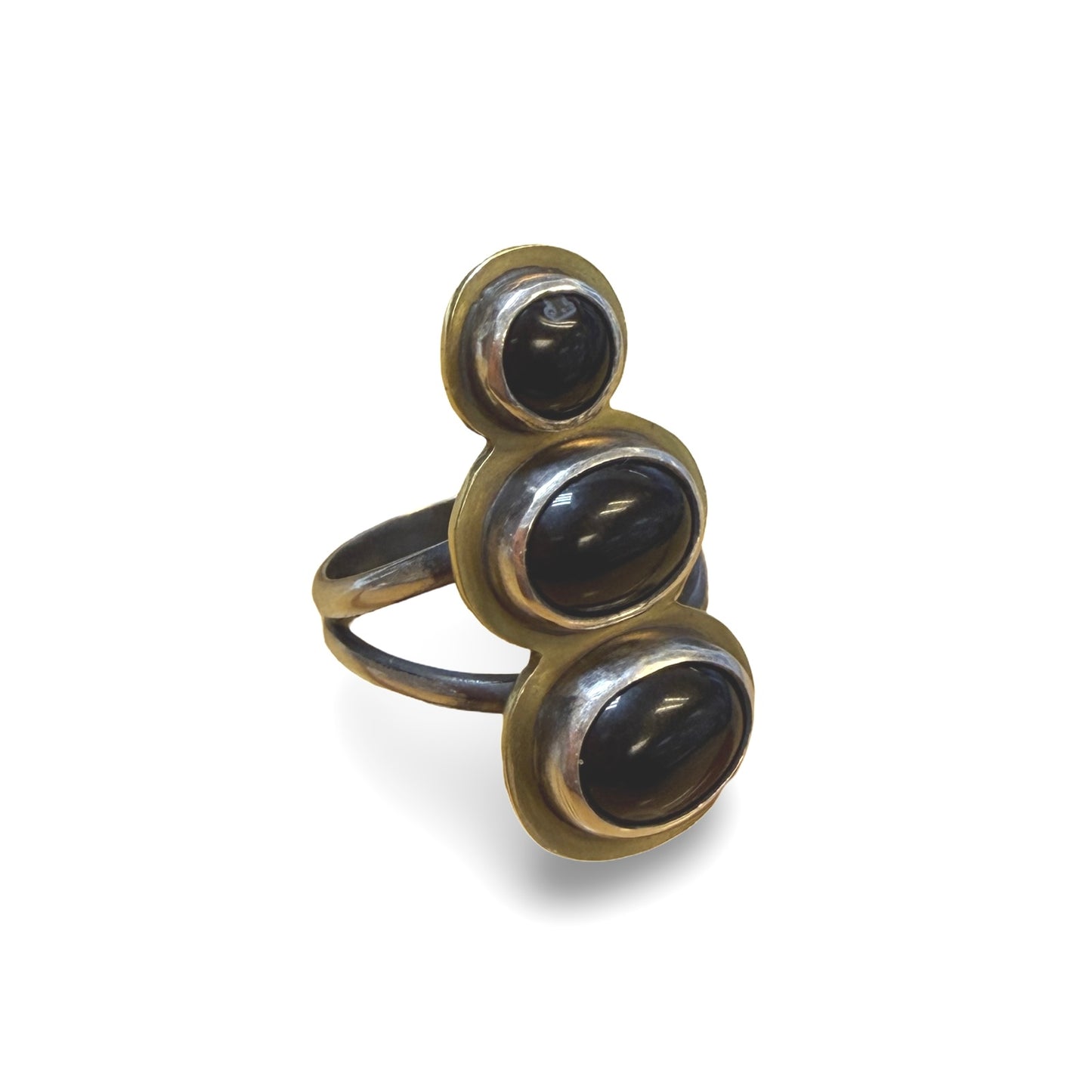 Three-Stone Mixed Metal Onyx Ring - Size 6.5