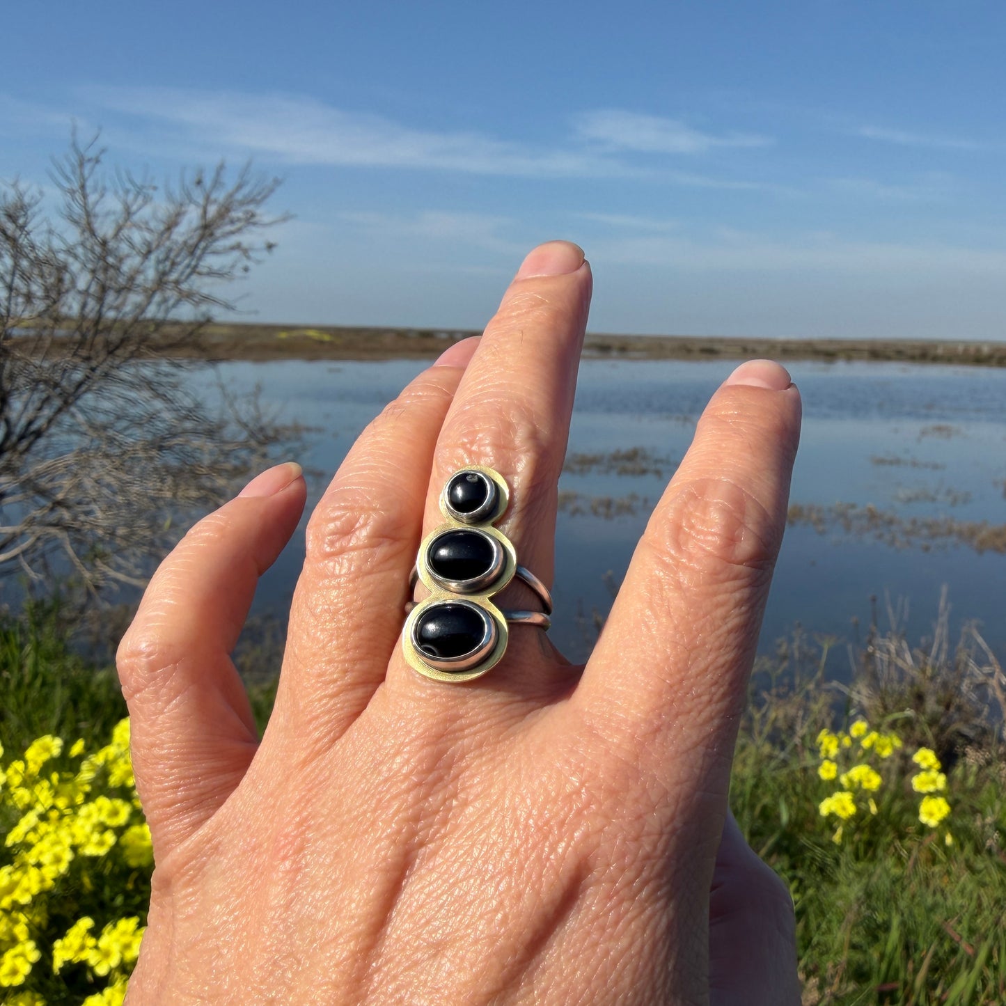 Three-Stone Mixed Metal Onyx Ring - Size 6.5