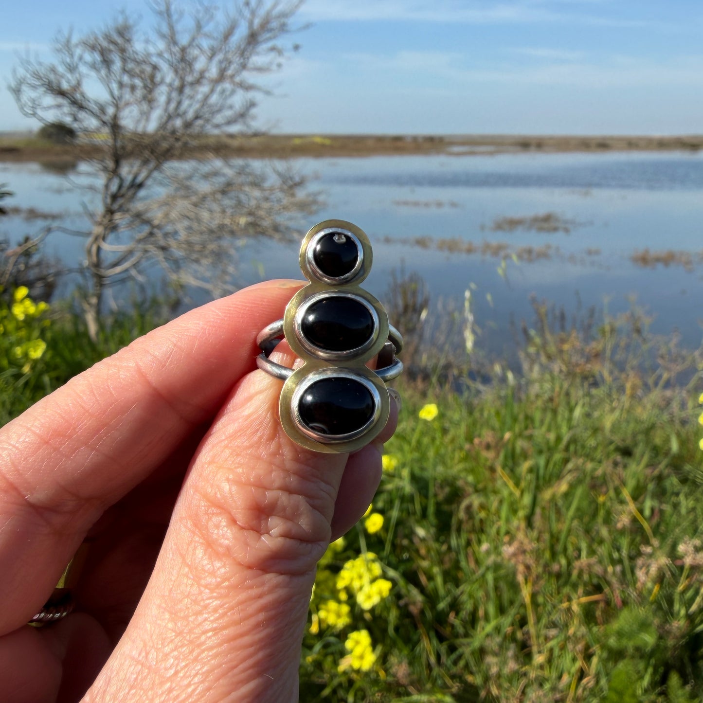 Three-Stone Mixed Metal Onyx Ring - Size 6.5